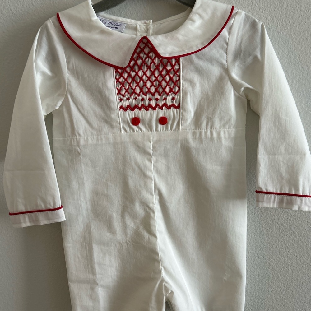 Pleats and Stitches Classic White One-Piece Romper with Red Smocking
